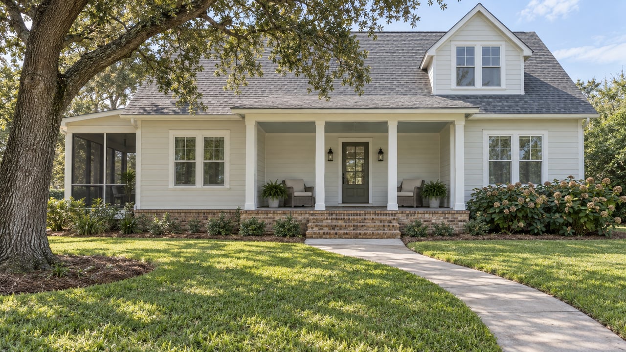 Light-sided house with a covered porch, brick steps, broad front lawn and a mature live oak in afternoon light.
