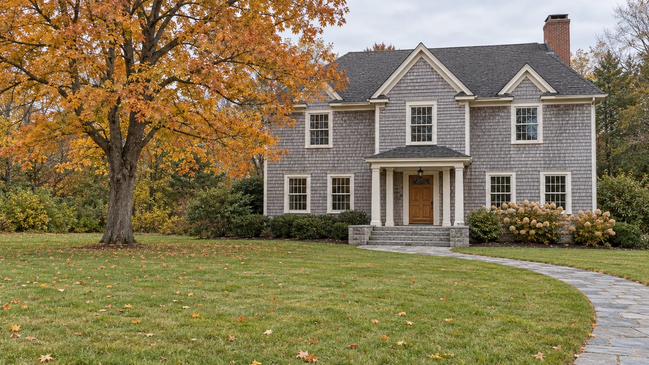A silver-shingled house with granite steps and a broad autumn lawn beside an orange-gold sugar maple.
