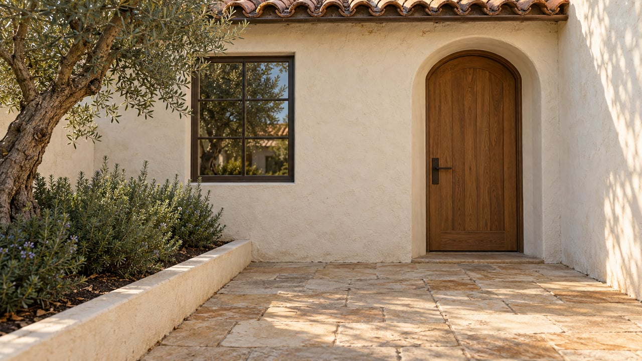 Cottage entry with an arched oak door, sandstone paving, and a planter-side olive tree.
