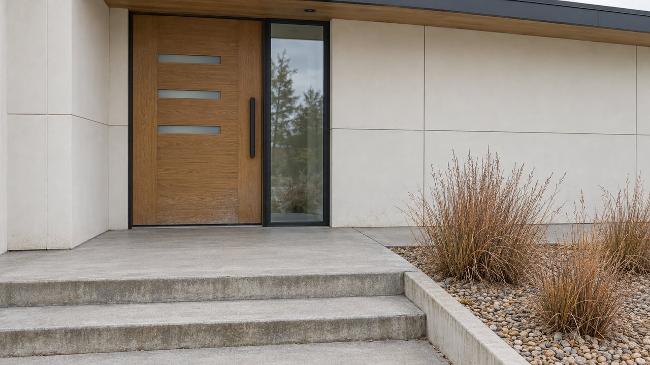 Contemporary recessed oak entry with frosted glass slots, a black-framed sidelight, concrete steps, and copper-colored little bluestem.