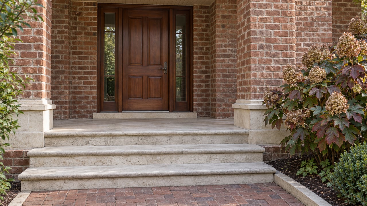 Weathered brick home entrance with a mahogany door, paired glazed sidelights, limestone steps, and an oakleaf hydrangea.