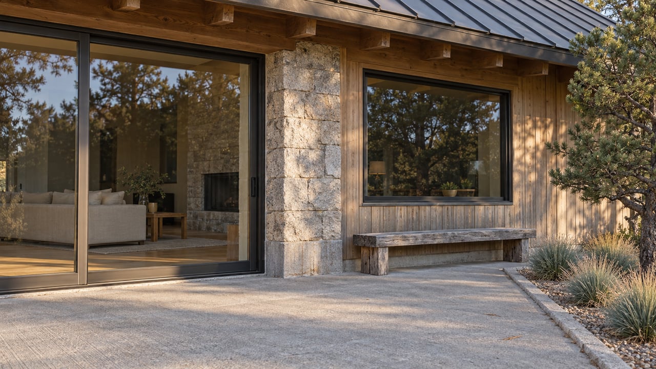 Autumn sunlight on a timber home with a metal roof, closed glass doors, stone pier and weathered bench beside a gravel planting bed.