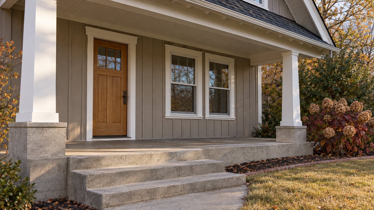 Taupe board-and-batten home with a covered porch, oak front door, concrete steps and autumn oakleaf hydrangea.