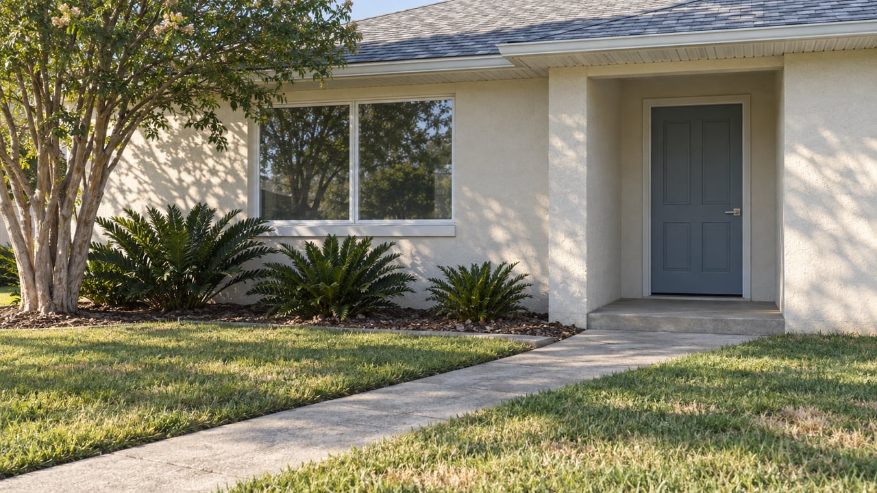 Morning light on an ivory stucco home with a recessed blue-gray door, broad window, concrete entry walk and established front-yard planting.