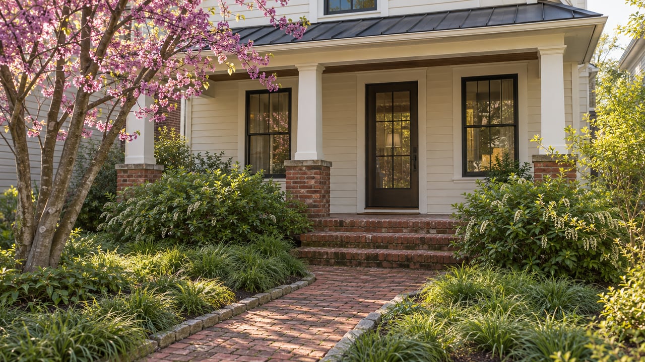 Compact brick approach leads through a planted garden to an off-white porch with a dark glazed door.