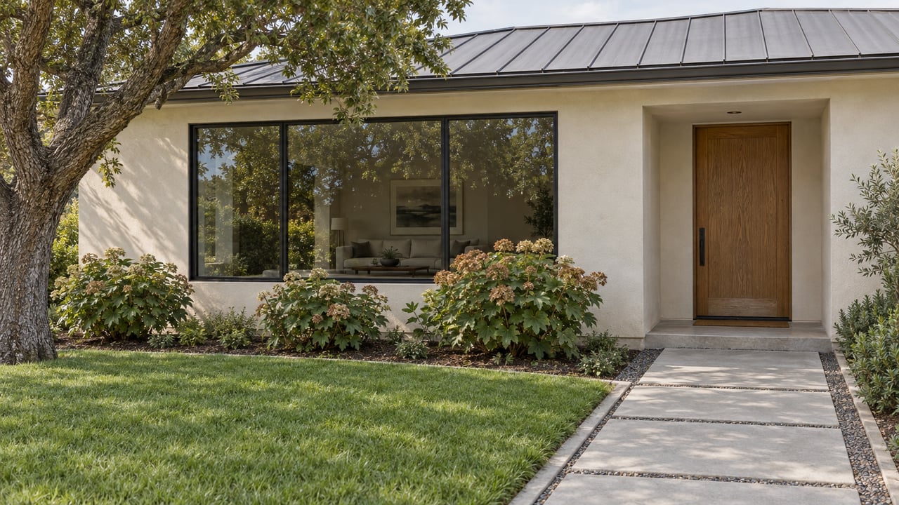 A single-story stucco home with black-framed windows, an oak front door and a concrete path beside a planted front lawn.