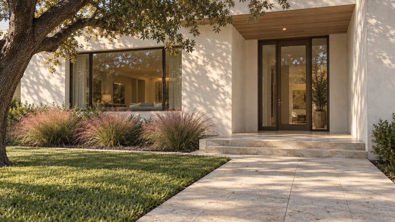 Stucco home entry with bronze-framed glass door, limestone path, grasses, and oak branches casting shadows.