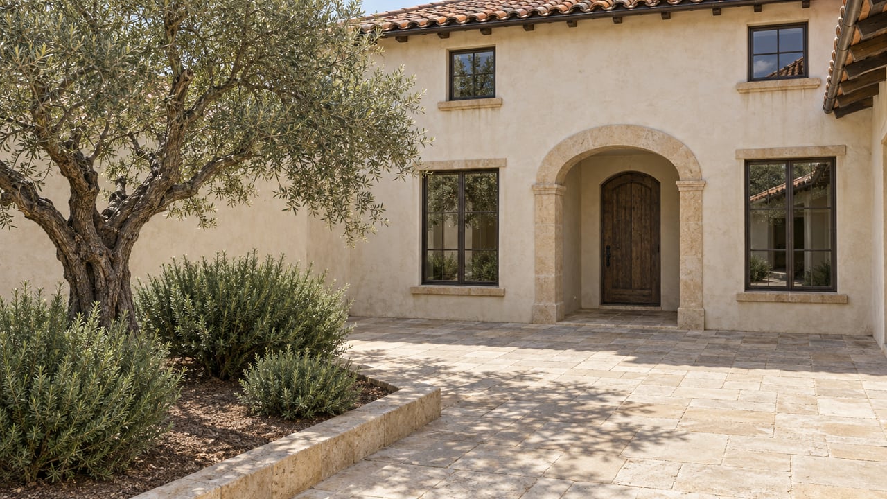 Elevated view of a sunlit stucco home's limestone entry courtyard, terracotta roof, arched oak doorway and mature olive tree.