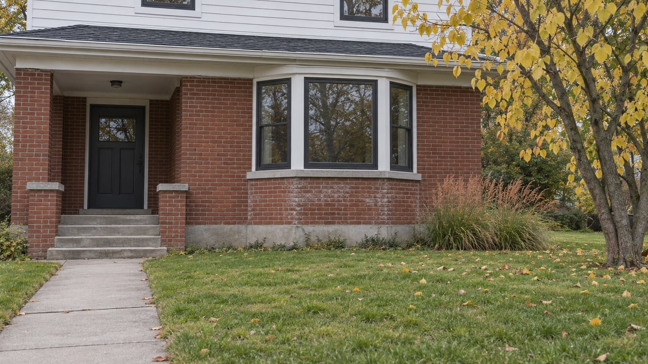 Older two-story home with a red-brick lower story, projecting bay window, broad lawn, and yellowing redbud tree.