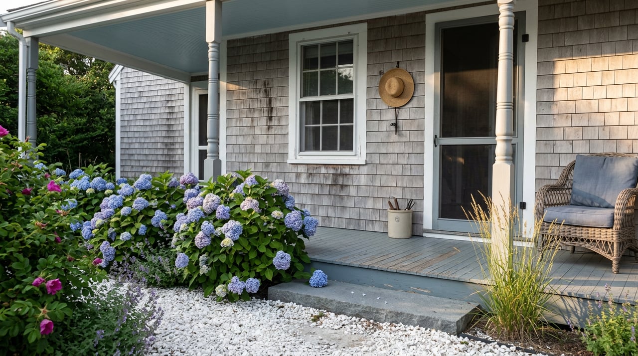 Cottage porch with blue hydrangeas, rattan chair, straw hat, and ajar screen door.