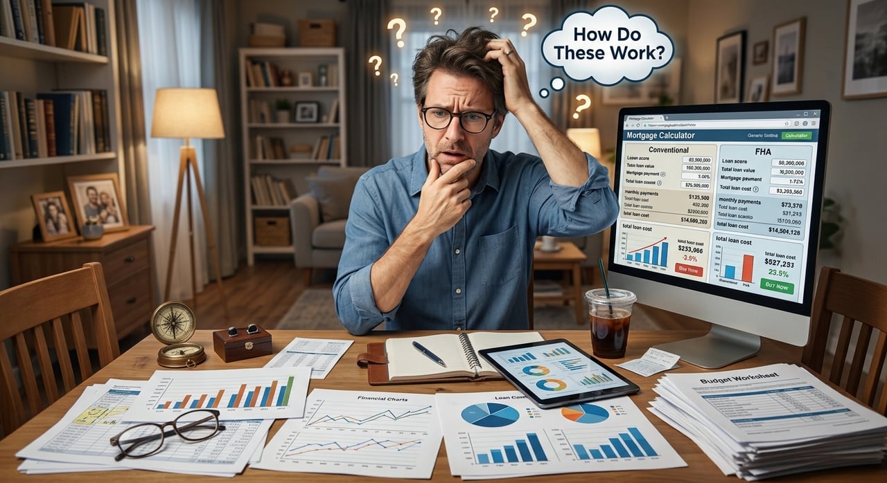 A puzzled man studies mortgage calculations at a desk covered with charts and paperwork.