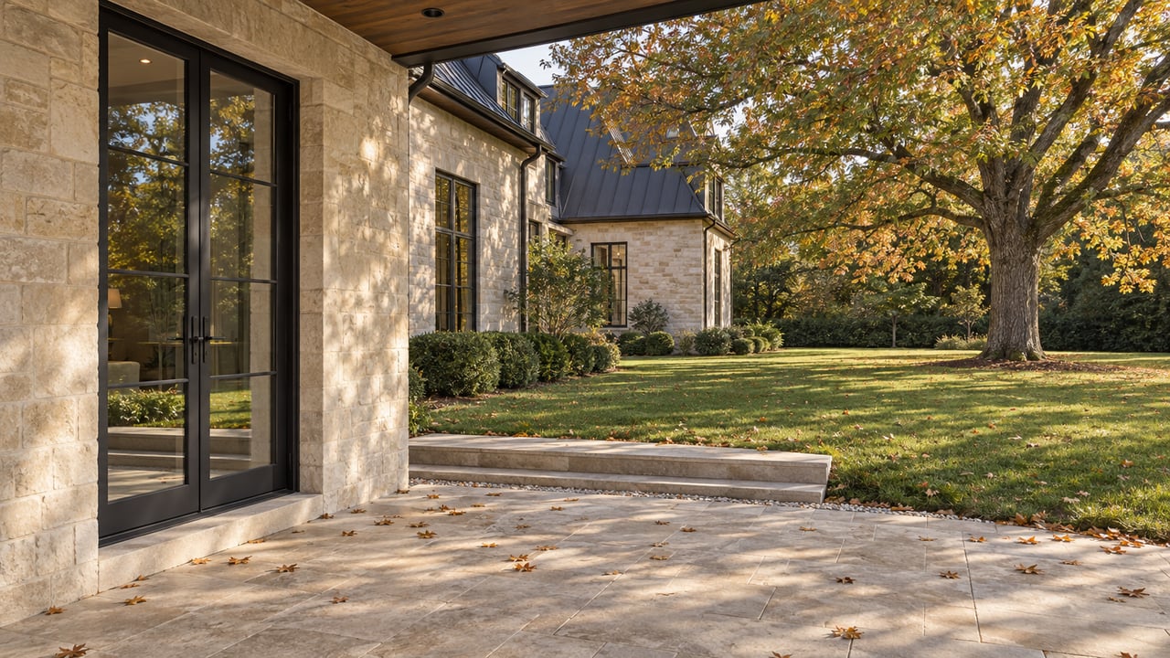 Limestone terrace steps lead onto a broad lawn beneath a mature oak with russet leaves.
