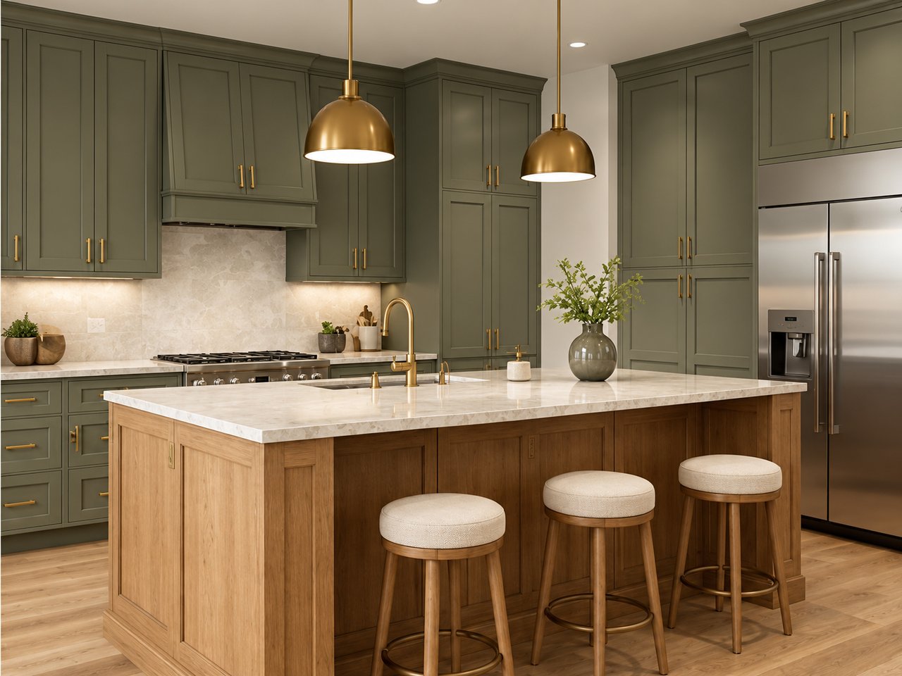Kitchen with a large wood-based island, sage-green cabinets, brass pendants and three bar stools.