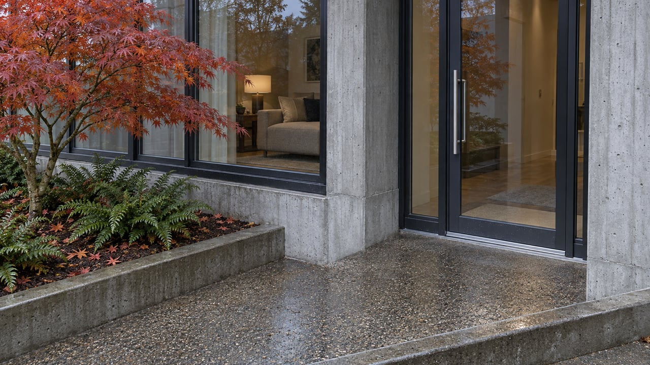 Rain-darkened concrete condominium entrance with charcoal window frames, warm interior light and a copper-leaved Japanese maple.