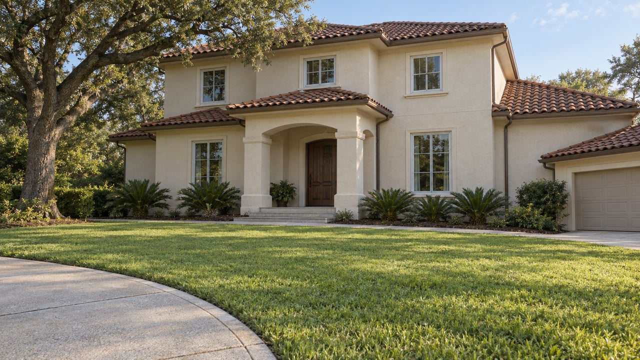 Morning light on an ivory stucco home with terracotta roof, curved concrete driveway, broad lawn and mature live oak.