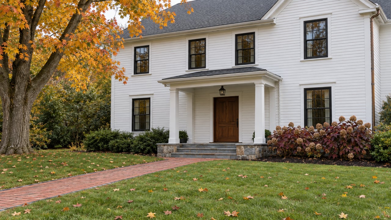 White clapboard home beyond a deep autumn lawn, with a brick approach, stone porch and orange sugar maple canopy.