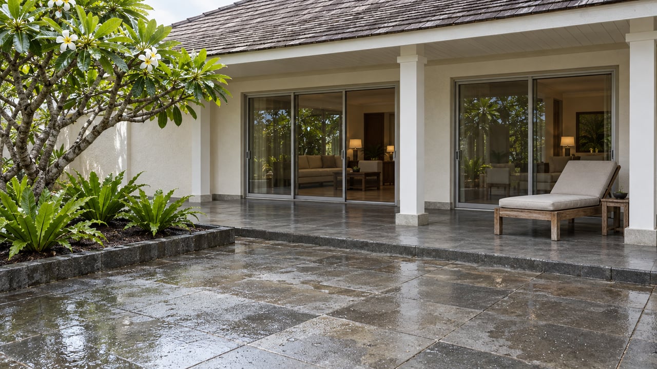 Rain-damp basalt terrace beside a cream stucco home with deep eaves, a teak lounge chair, plumeria and bird’s-nest ferns.