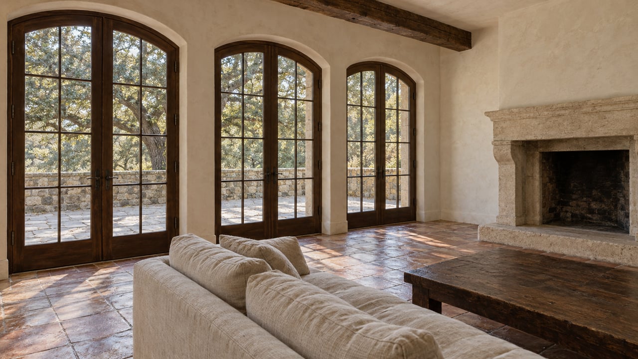 Sunlit sitting room with terracotta floors, dark wood French doors, a linen sofa and a limestone fireplace overlooking a stone terrace and mature oak.