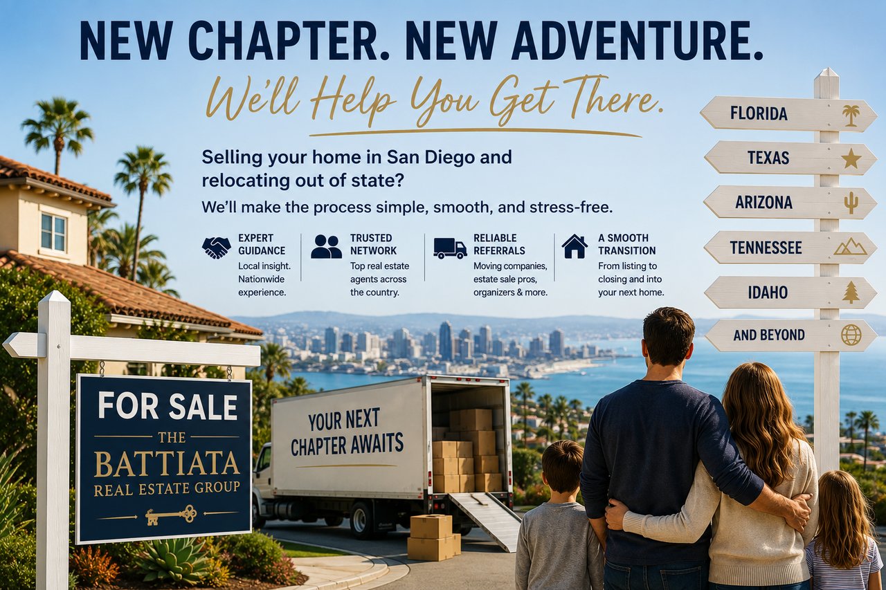 San Diego family selling their home and relocating out of state, illustrating a smooth retirement or relocation transition with trusted real estate guidance, nationwide agent referrals, moving company recommendations, and expert home selling services from The Battiata Real Estate Group.