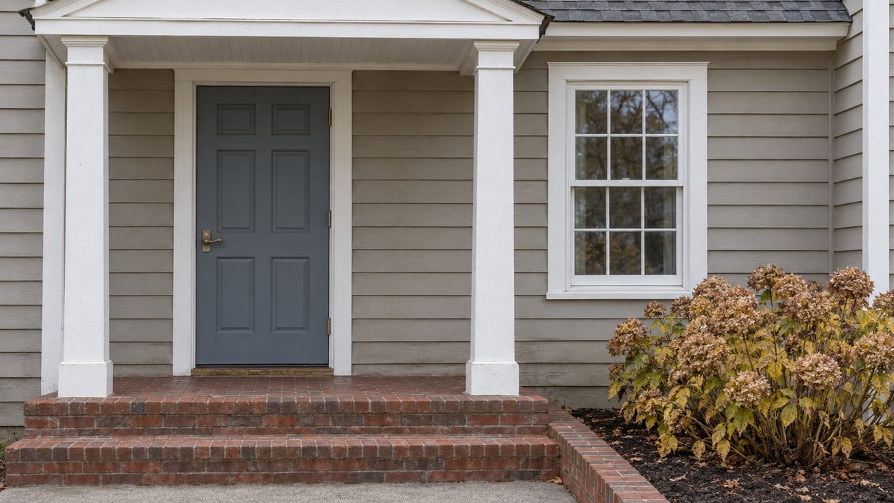 A blue-gray front door and white-trimmed window beneath a small pediment, with worn brick steps and tawny hydrangea flowers.