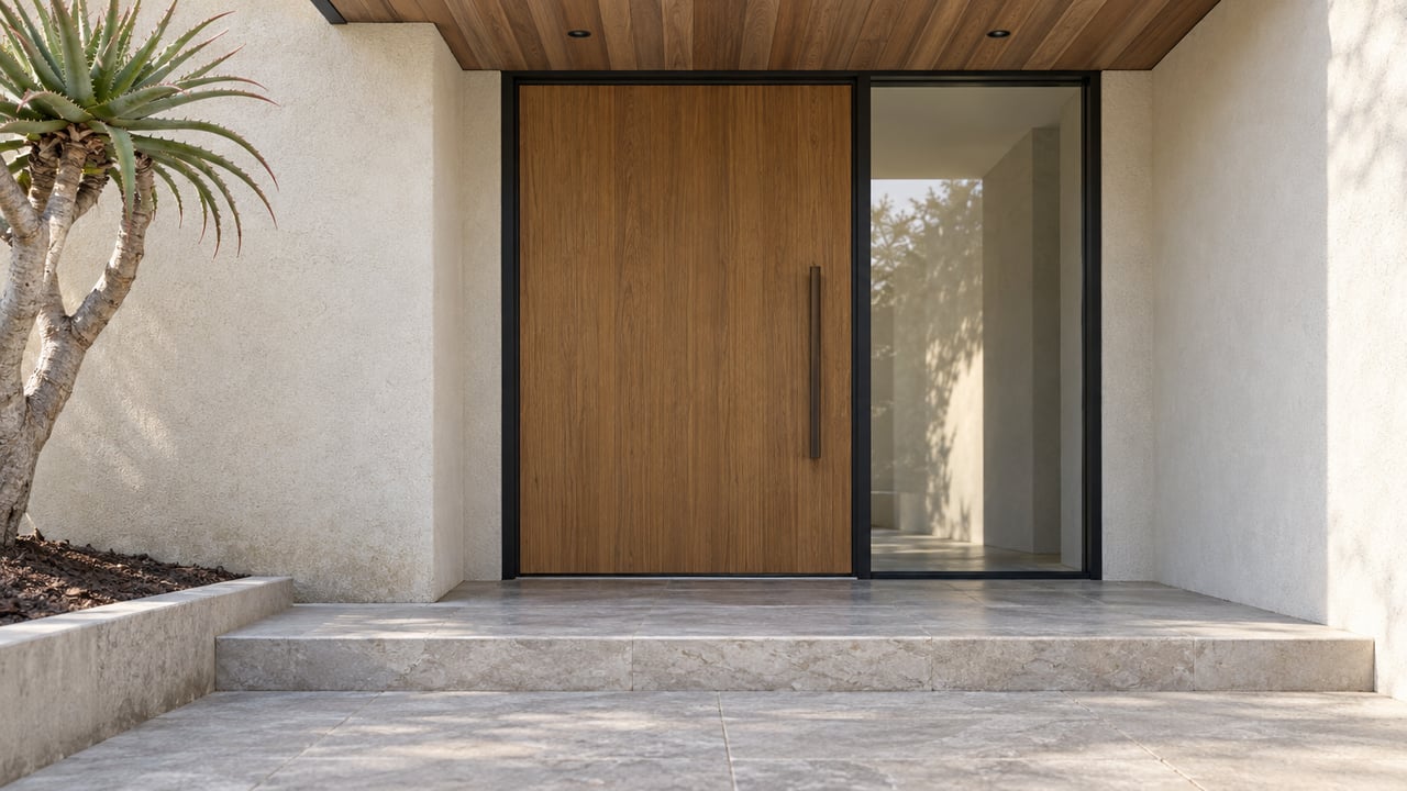 Covered contemporary home entrance with an oak door, cedar soffit, ivory stucco and a limestone step beside a sculptural tree aloe.
