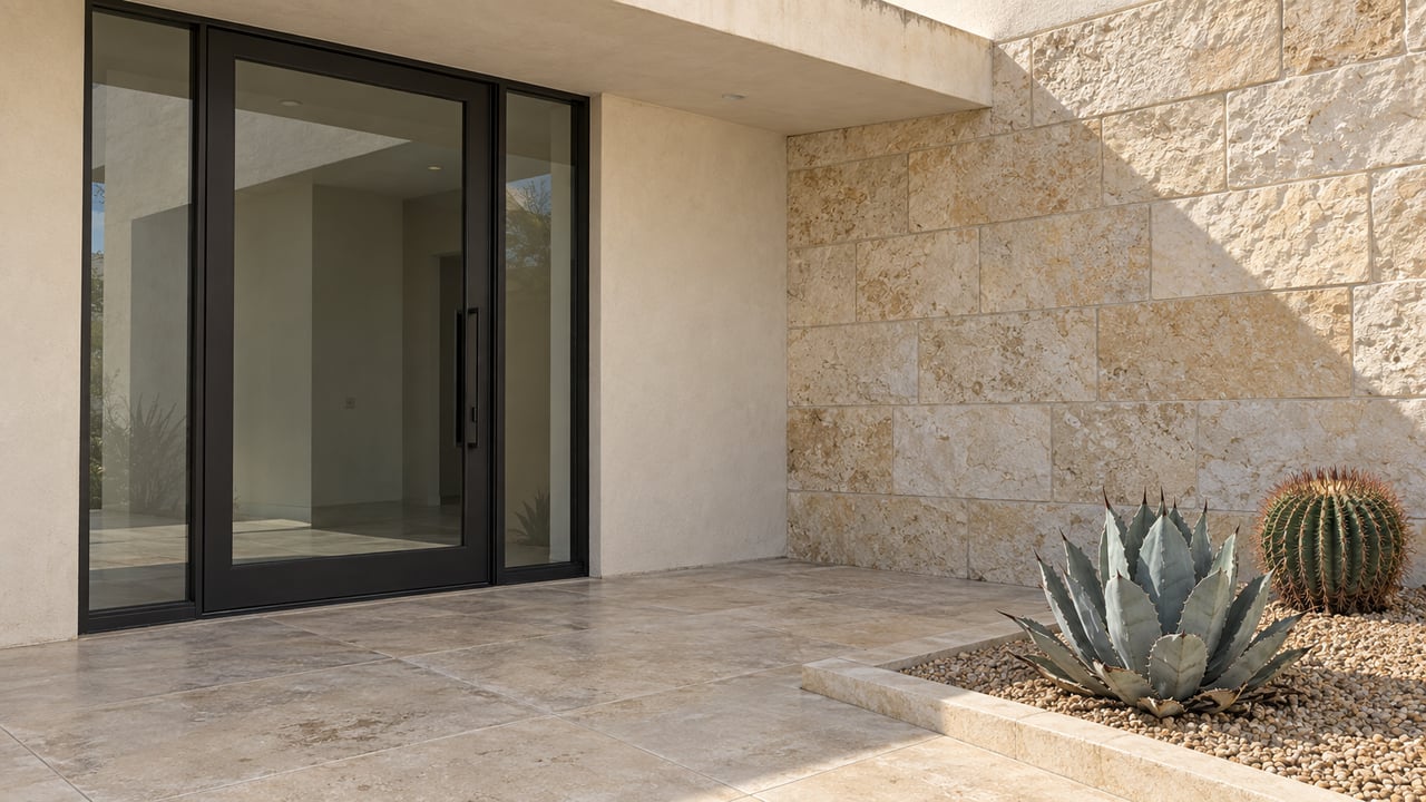 Sunlit limestone and ivory stucco frame a glass residential entry beside a blue-gray agave and barrel cactus.