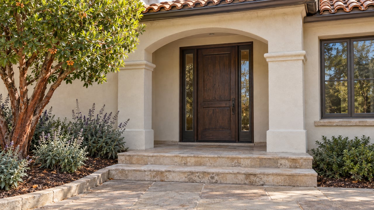 Arched stucco home entrance with a dark oak door, terracotta roof tiles, limestone steps, and a sculptural strawberry tree.