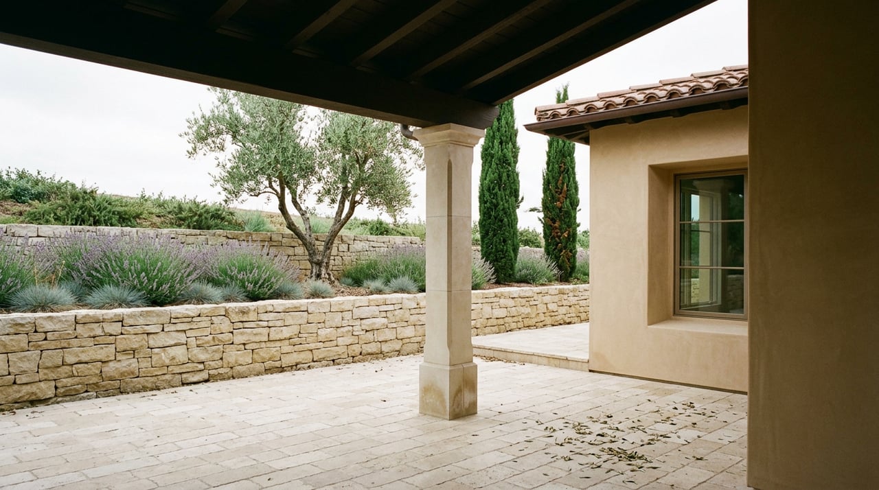Terraced garden with a limestone retaining wall, olive tree, cypress, and stucco house beside a paved loggia.