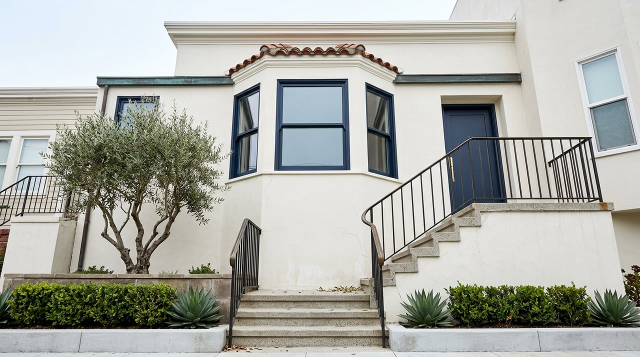 Ivory stucco rowhouse with a navy bay window, terracotta roof tiles, iron-railed steps, and an olive tree.