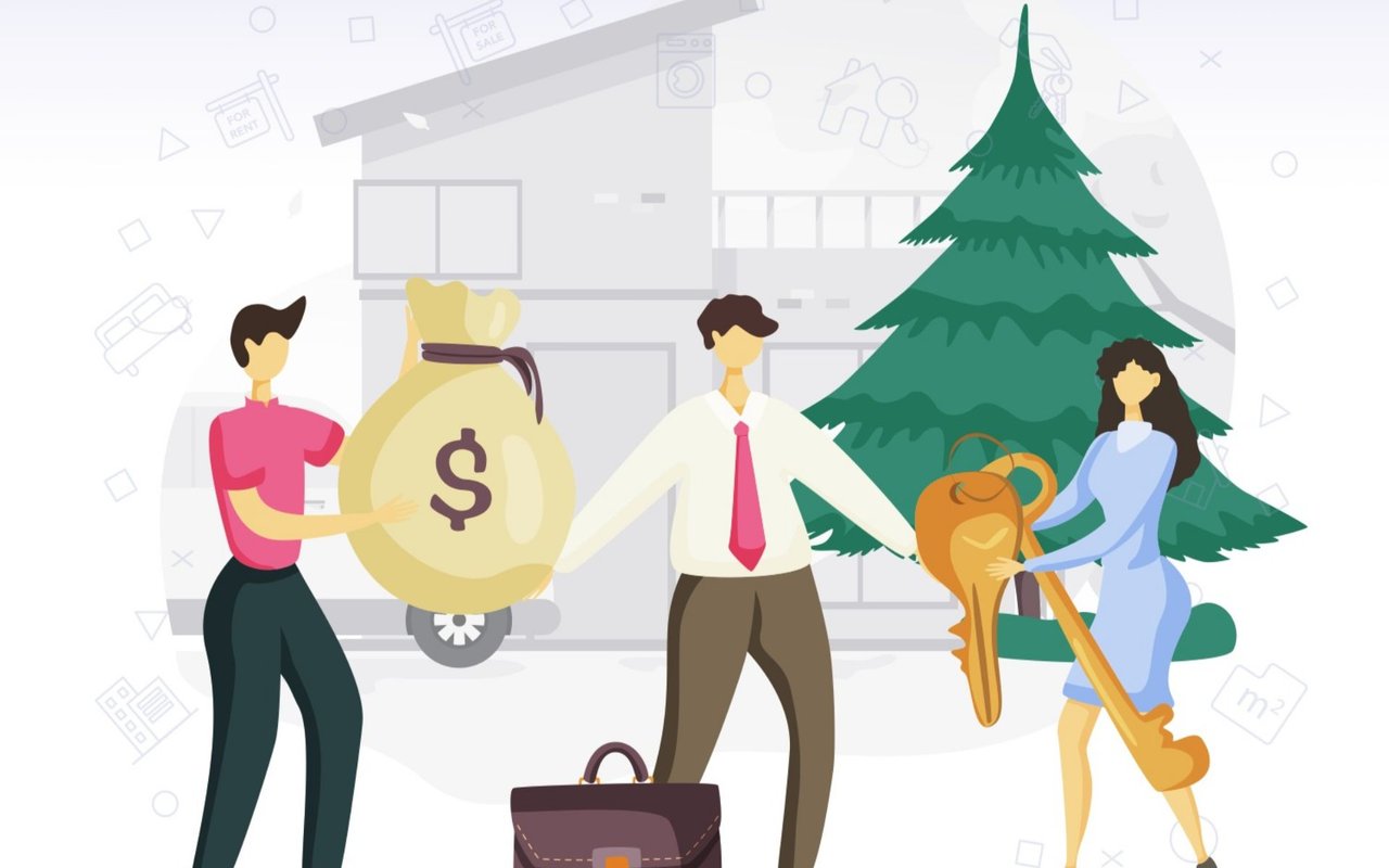 Buyer, seller, and agent with a money bag and oversized keys in front of a house