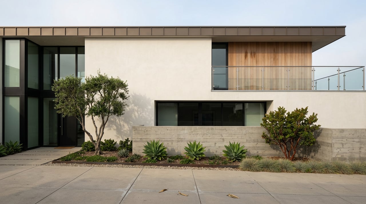 Two-level coastal home with cedar cladding, glass walls, and a planted garden bed beside its paved motor court.