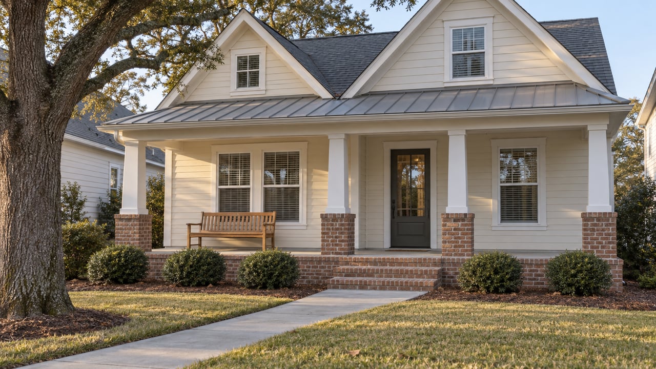 Ivory lap-sided home with broad covered porch, brick steps, a live oak and a neatly edged front lawn.