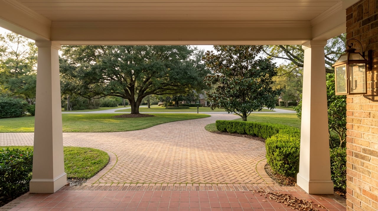 Paver driveway curves across a front lawn beneath a live oak, framed by white portico columns.