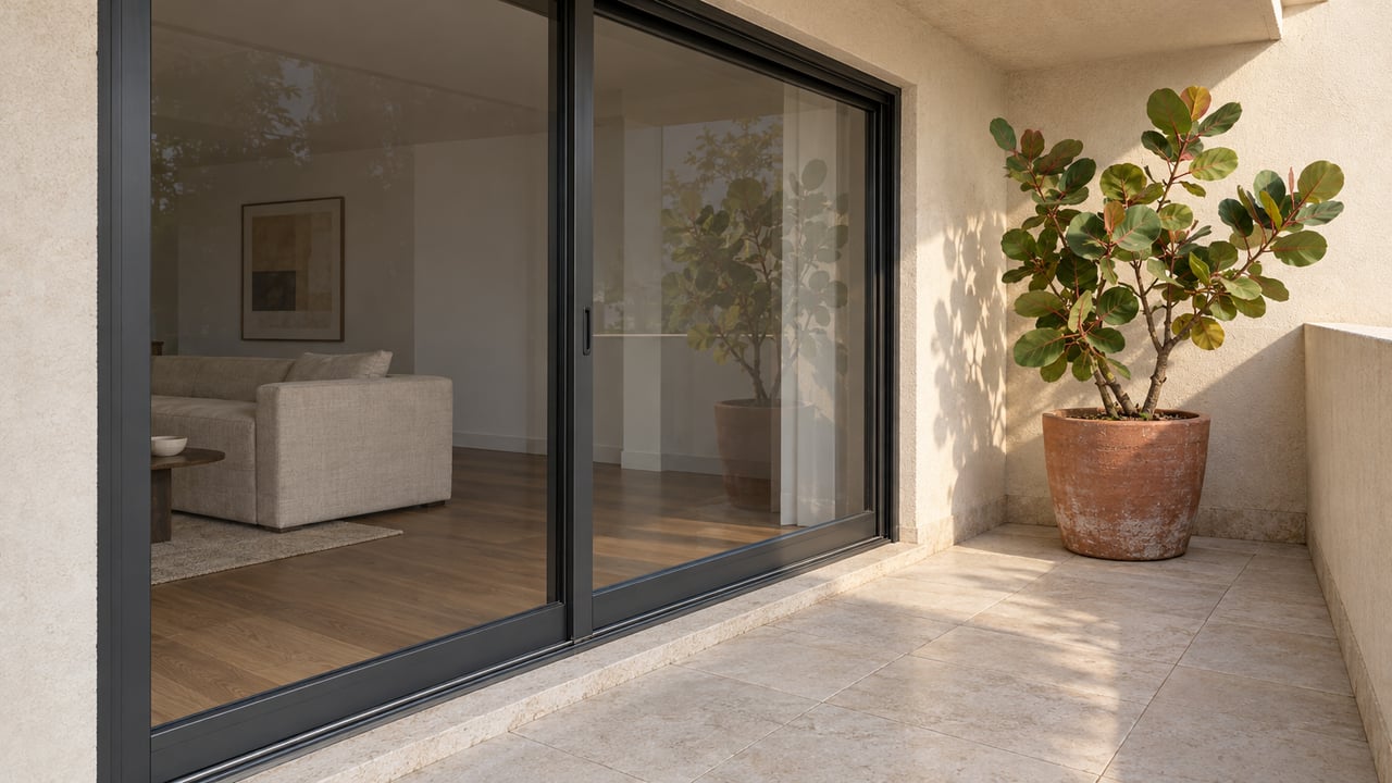Morning light on an ivory-stucco apartment terrace with closed charcoal-framed glass doors, pale stone paving, and a potted sea grape tree.