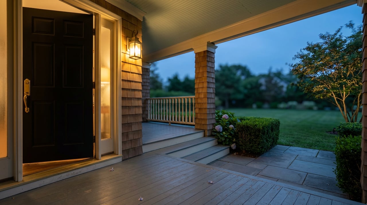 Open black front door beside a warm-lit sidelight, looking across a shingled porch and steps to a lawn at dusk.
