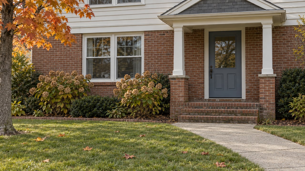 Autumn daylight on a brick home's covered entry, blue-gray front door, and paired white windows beside a broad green lawn.