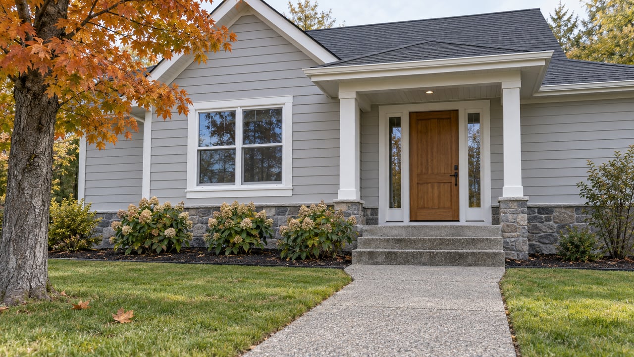 Gray gabled home with a wood front door, concrete entry steps, and copper-colored maple foliage.