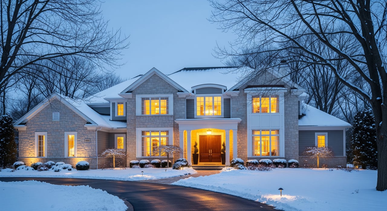 Large stone house glowing with warm lights amid snow, framed by bare trees at dusk.