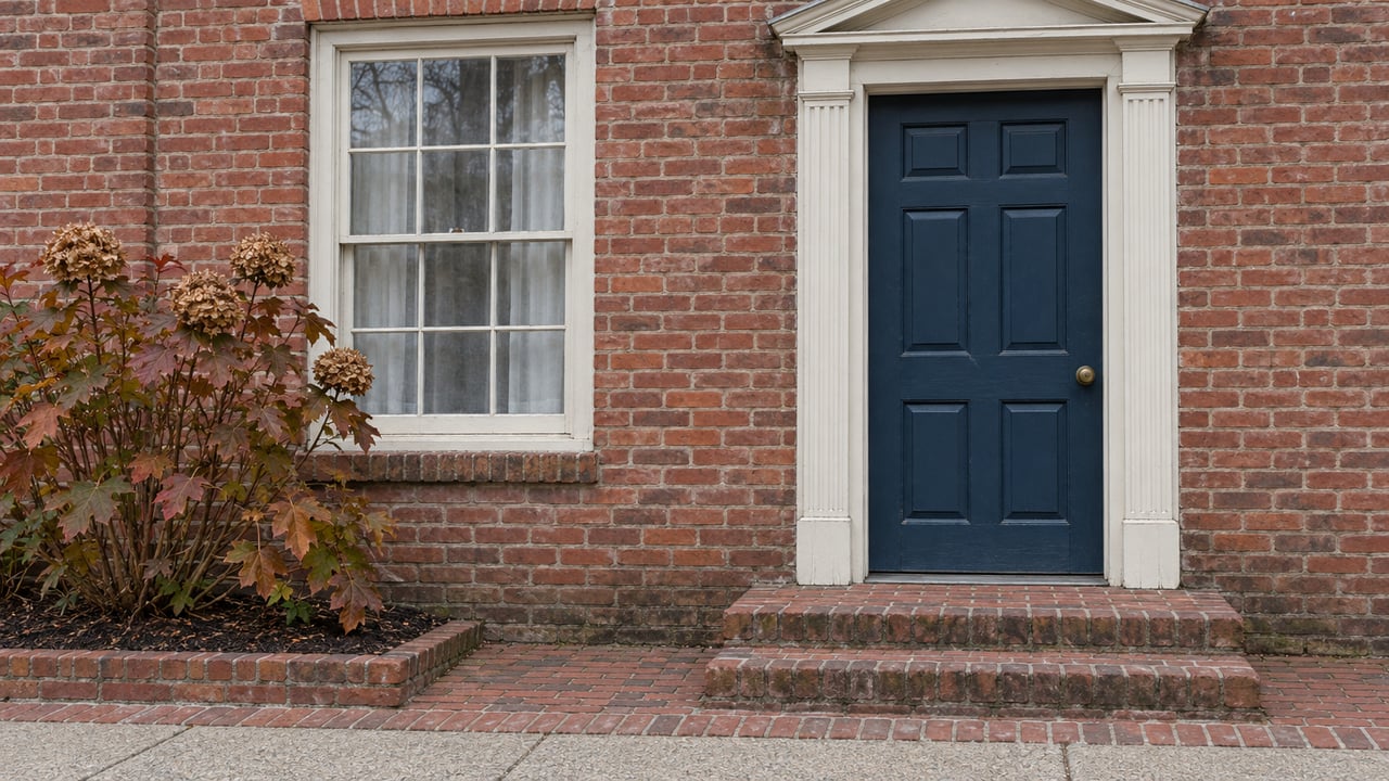 Blue paneled front door and white pediment on a weathered red-brick home, beside a sash window and copper-leaved oakleaf hydrangea.