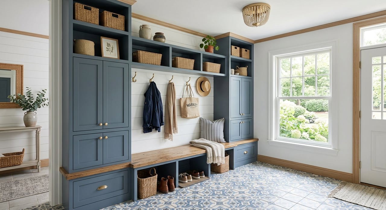 Built-in mudroom drop zone with a slate-blue bench, white cubbies, woven basket, and potted plants.