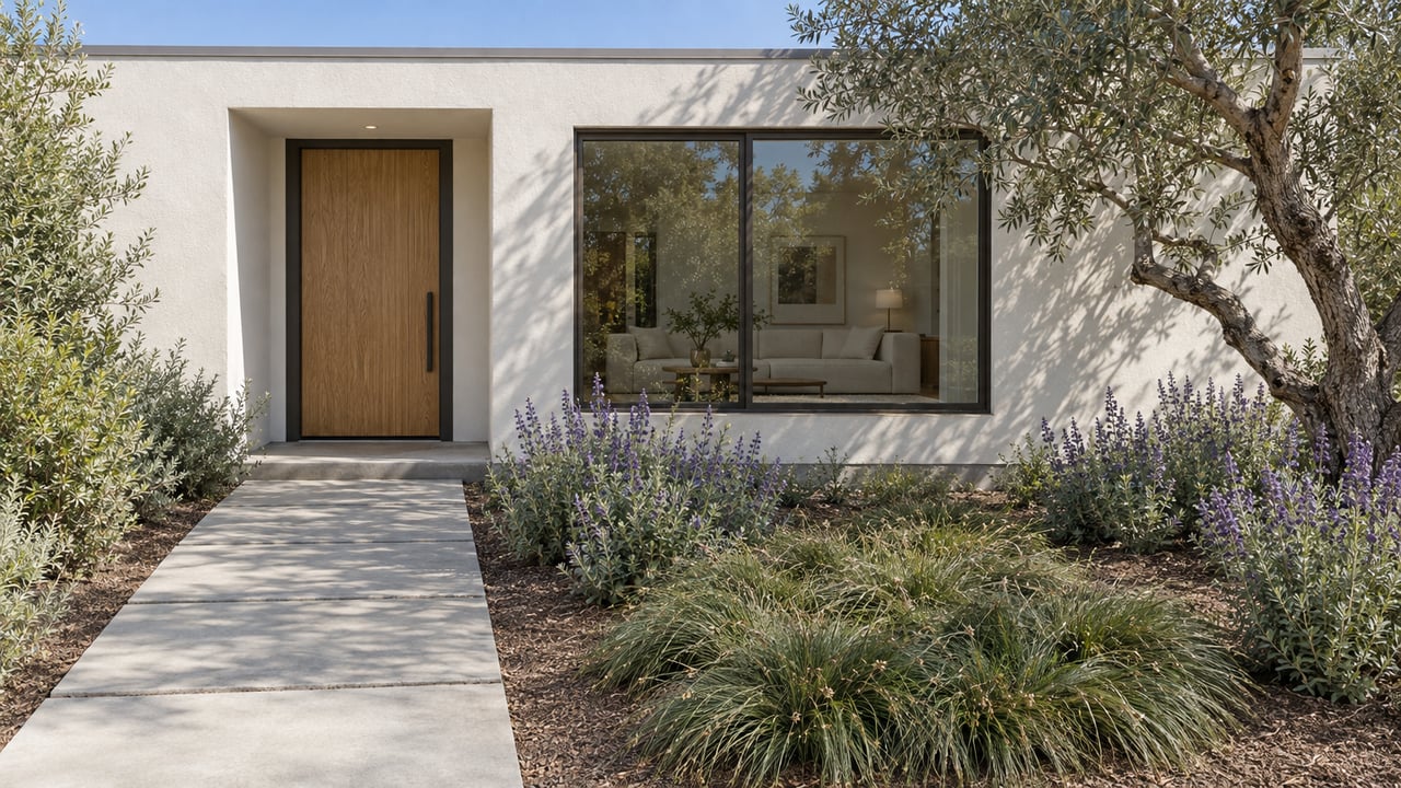 Warm-white single-story home with a recessed oak entry, broad bronze-framed glazing, concrete approach, olive tree and sage garden.