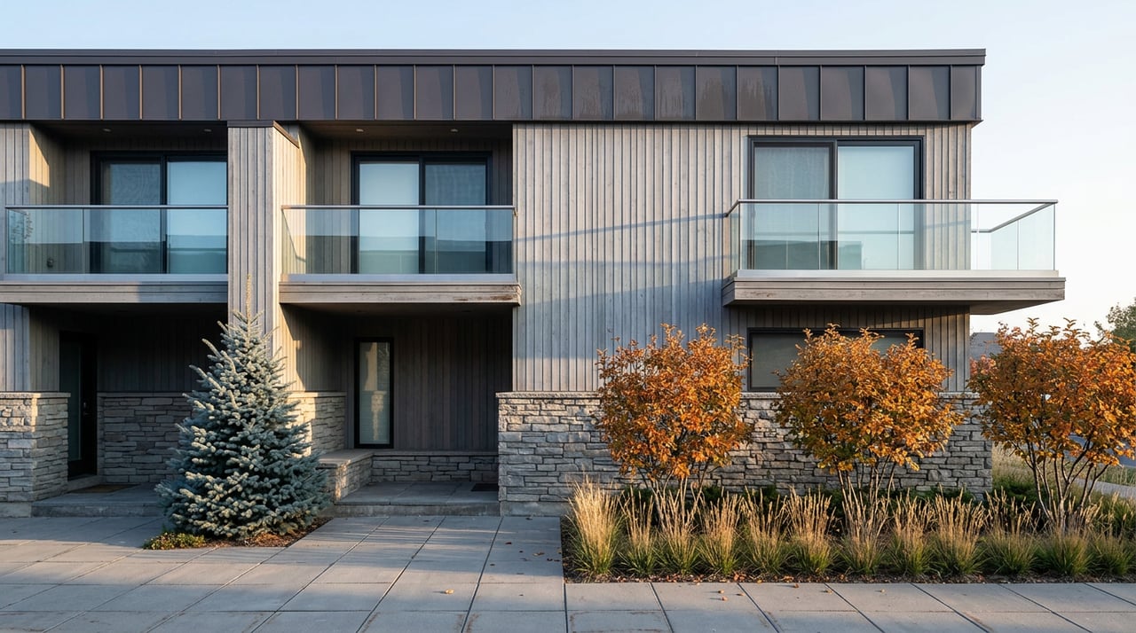 Stacked condominium with a stone base, silver-gray cedar siding, glass balconies, and colorful serviceberry trees.