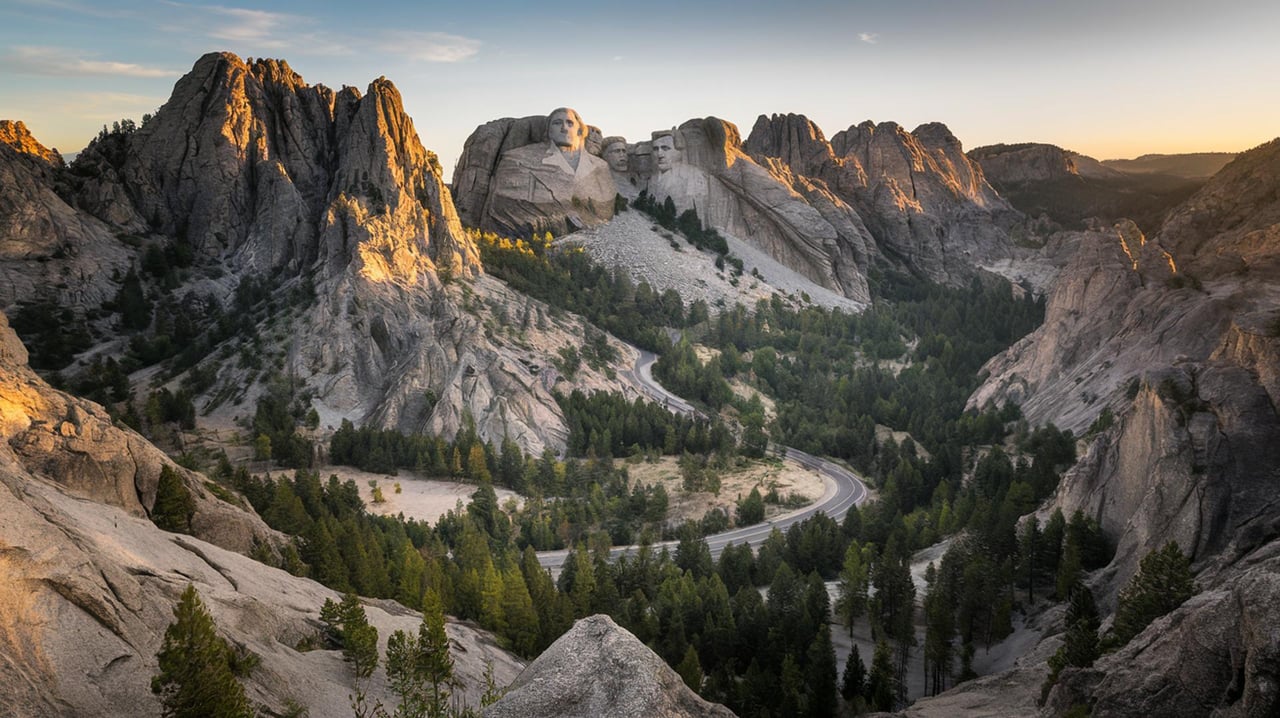 Mount Rushmore carved into granite cliffs, with a winding road and forested valley below.