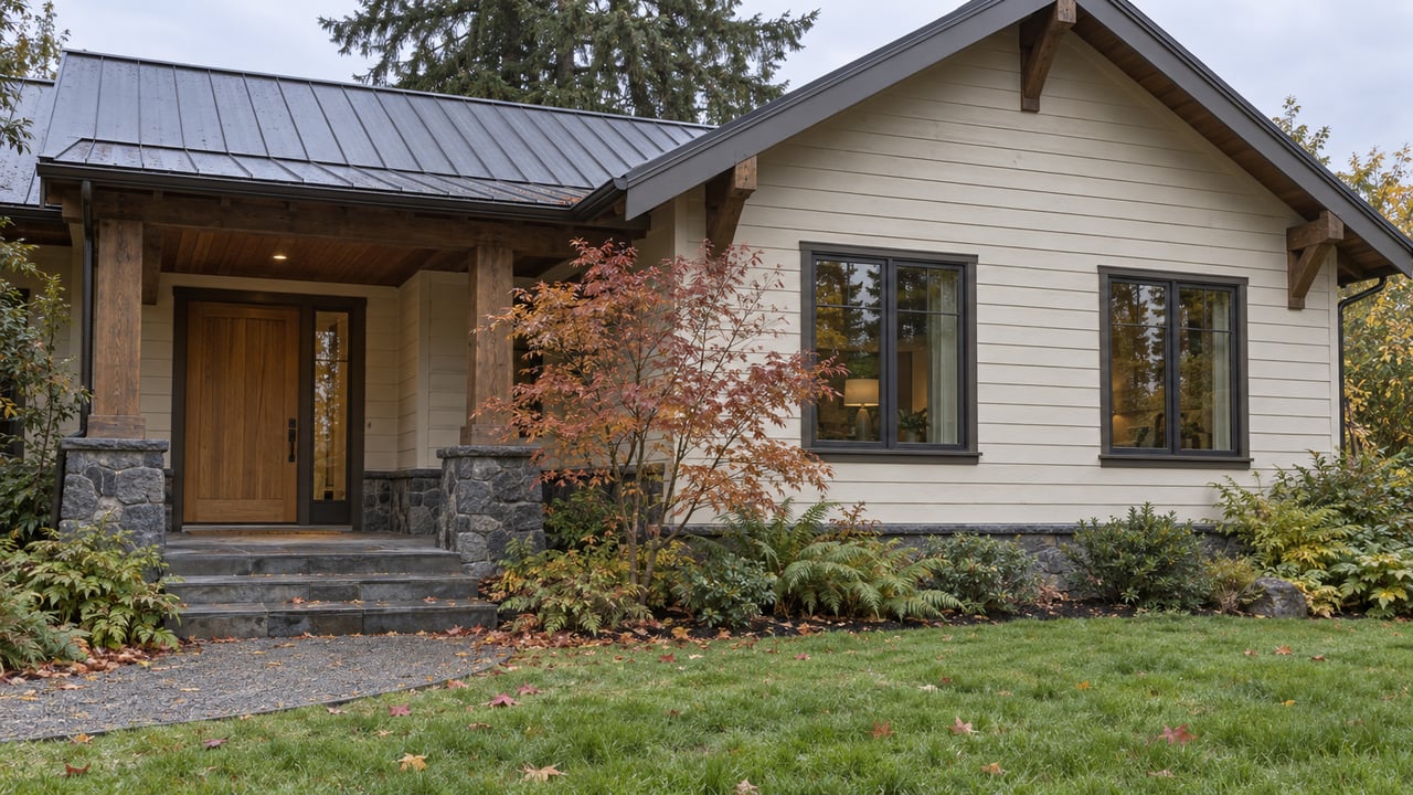 Cream-sided home with a recessed timber entry, basalt porch piers, and a copper-red vine maple beside the path.
