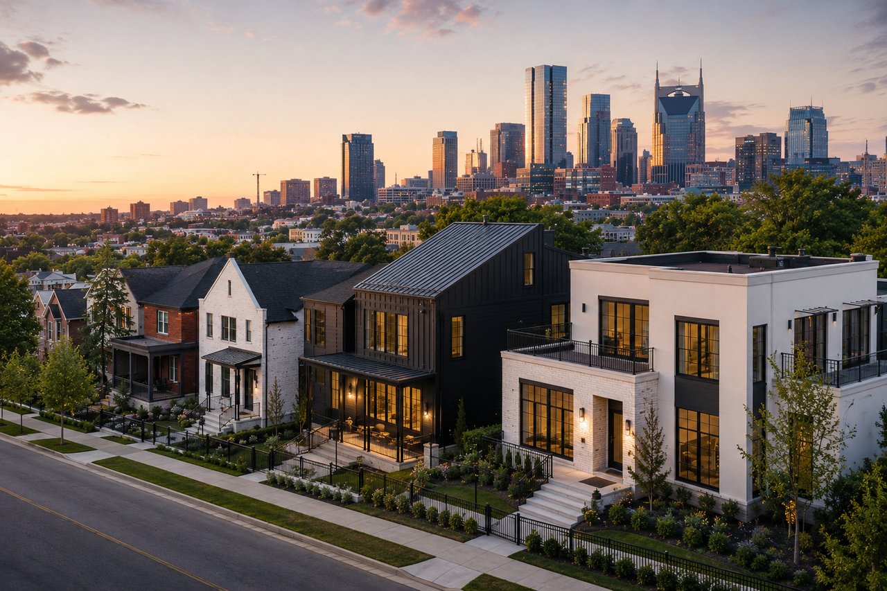 Modern luxury homes in East Nashville overlooking the Downtown Nashville skyline at golden hour, showcasing upscale architecture, tree-lined streets, and one of Nashville's most desirable luxury real estate neighborhoods.