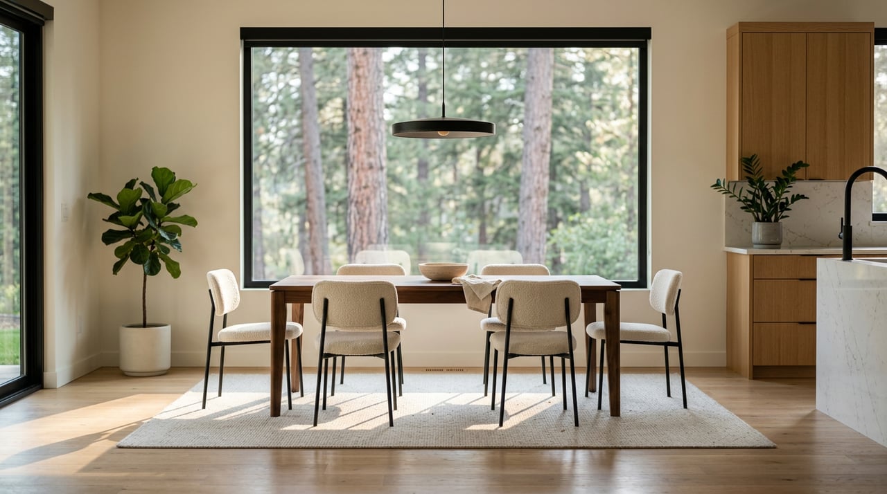 Walnut dining table and six cream-upholstered chairs sit before a large window overlooking conifers.