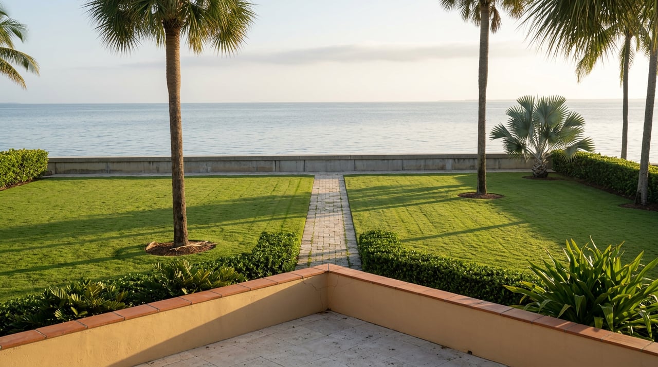 Formal waterfront lawn and travertine path lead to a seawall, flanked by palms and a silver-blue fan palm.