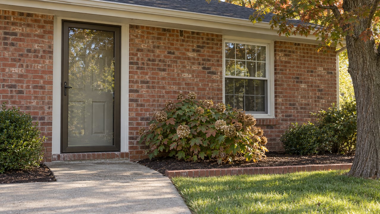 Brick ranch entrance with glazed storm door, concrete approach, brick-edged planting bed, and oak canopy.