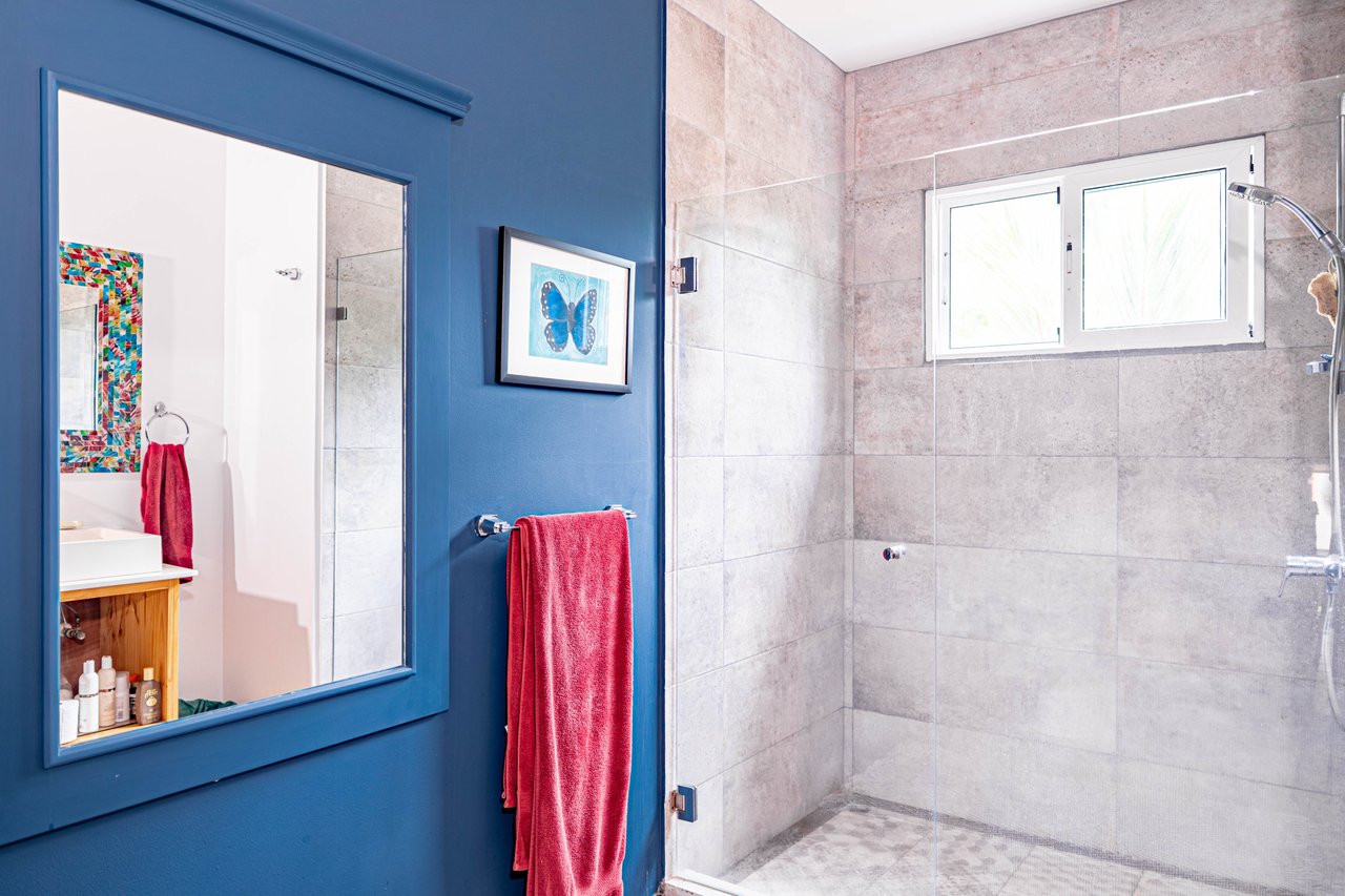 Bathroom with a tiled walk-in shower, high window, blue-framed mirror, and red towels.