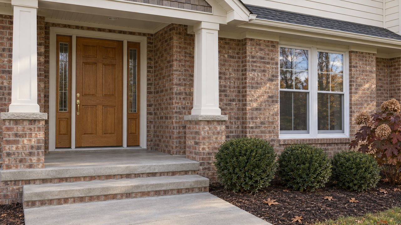Sheltered brick entry with an oak front door, ivory siding, concrete steps and burgundy oakleaf hydrangea.